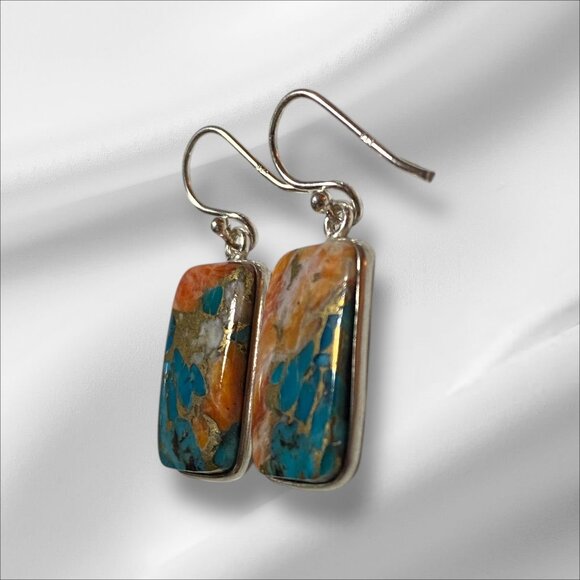 NEW Spiney Oyster Turquoise Sterling Silver Dangle Earrings - Picture 2 of 4